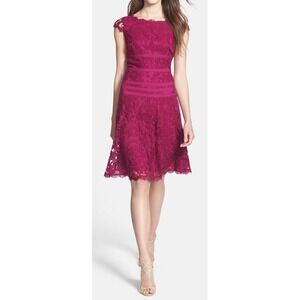 Adrianna Papell Womens Lace Fit and Flare Dress Party Cocktail Red Sz 14 Holiday